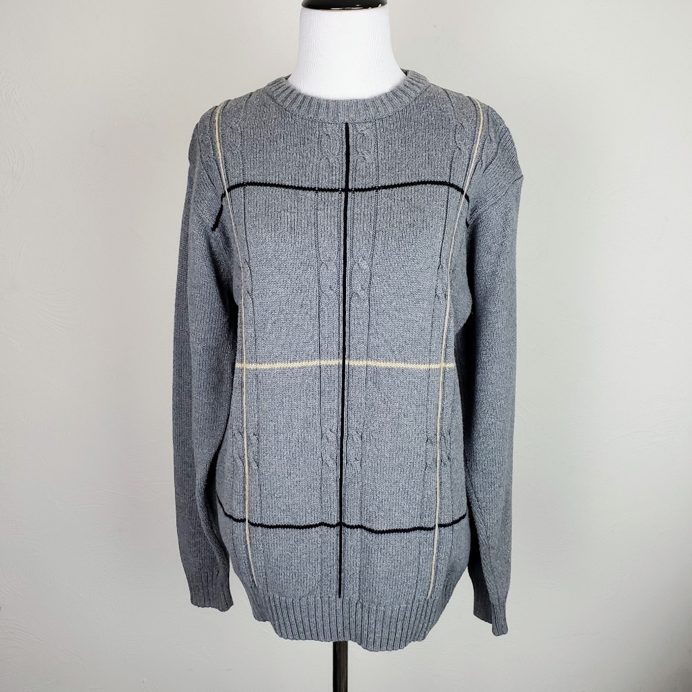 Bill Blass Grandpa Sweater Chunky Cable Knit Fall Winter Neutral Retro Gray